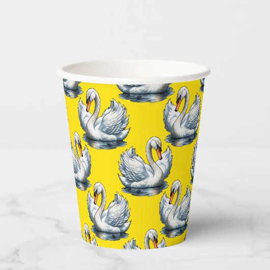Schwan-Vögel Musterdesign auf Gelb  Pappbecher (Vorderseite)