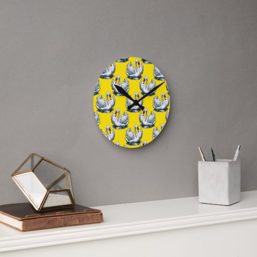 Schwan-Vögel Musterdesign auf Gelb Runde Wanduhr (Büro)