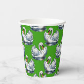 Schwan-Vögel Musterdesign auf Grün Pappbecher (Rückseite)