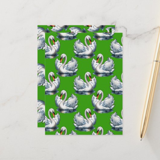 Schwan-Vögel Musterdesign auf Grün Postkarte (Vorderseite/Rückseite Beispiel)