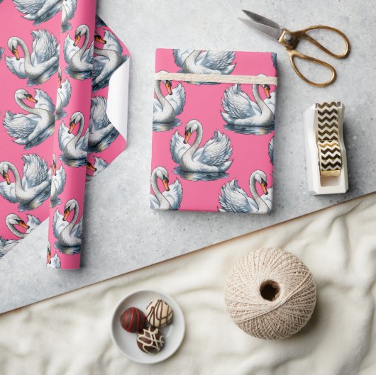 Schwan-Vögel Musterdesign auf Rosa Geschenkpapier (Kunsthandwerk)