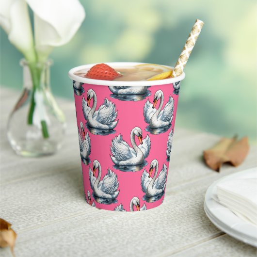 Schwan-Vögel Musterdesign auf Rosa Pappbecher (In Situ)