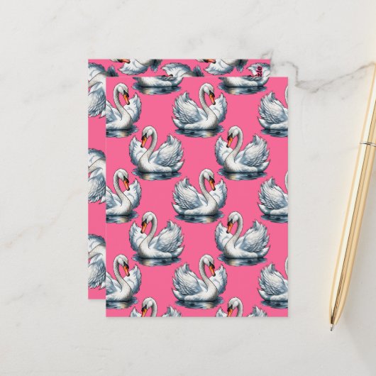 Schwan-Vögel Musterdesign auf Rosa Postkarte (Vorderseite/Rückseite Beispiel)