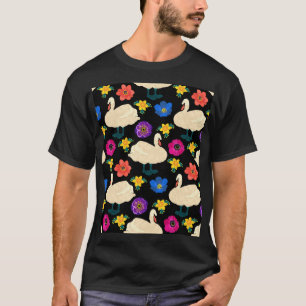 Schwäne, Blume, handgezeichnet schwarzer Hintergru T-Shirt