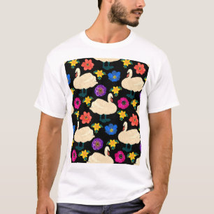 Schwäne, Blume, handgezeichnet schwarzer Hintergru T-Shirt