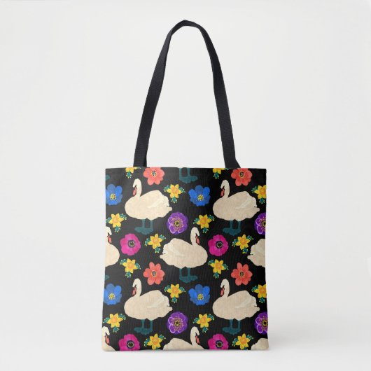 Schwäne, Blume, handgezeichnet schwarzer Hintergru Tasche (Vorderseite)