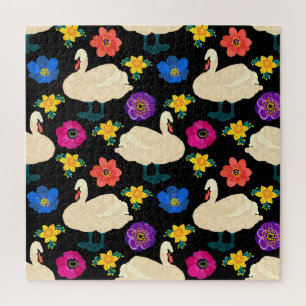 Schwäne, Blumen, handgezeichneter schwarzer Hinter Puzzle