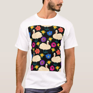 Schwäne, Blumen, handgezeichneter schwarzer Hinter T-Shirt