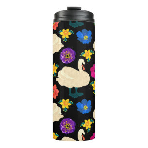 Schwäne, Blumen, handgezeichneter schwarzer Hinter Thermosbecher