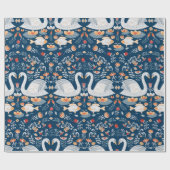 Schwäne, Fische, Blume auf blauem Hintergrund. dek Geschenkpapier (Flach)