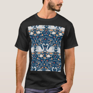 Schwäne, Fische, Blume, Volksmuster. T-Shirt