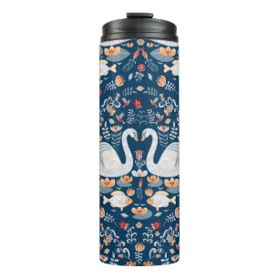 Schwäne, Fische, Blume, Volksmuster. Thermosbecher