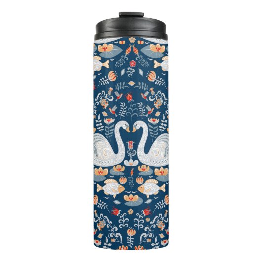 Schwäne, Fische, Blume, Volksmuster. Thermosbecher (Vorderseite)
