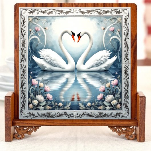 Schwäne in der Keramik der Liebe Fliese