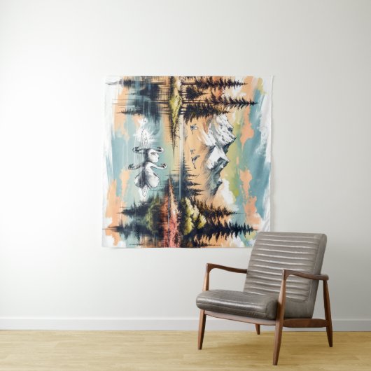 Schwäne inmitten der Berge: Alpenruhe Wandteppich (Beispiel (Horizontal))