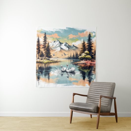 Schwäne inmitten der Berge: Alpenruhe Wandteppich (Beispiel)