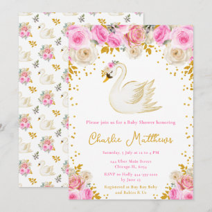Schwäne Pink und Goldrosen Baby Shower Einladung