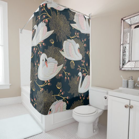 Schwäne und Chrysanthemen, natürliche Muster. Duschvorhang (Beispiel)