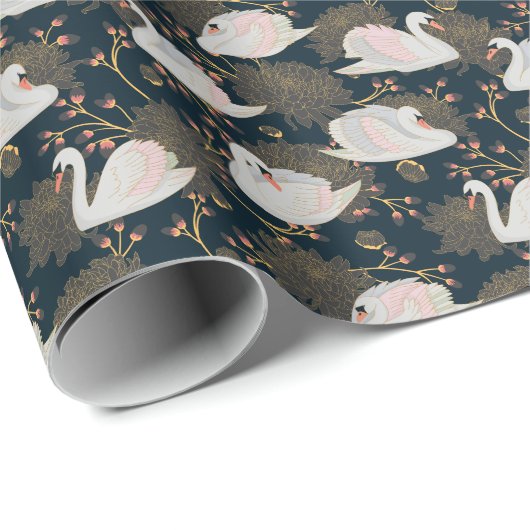 Schwäne und Chrysanthemen, natürliche Muster. Geschenkpapier (Rolleneckpunkt)