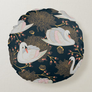 Schwäne und Chrysanthemen, natürliches Muster. Rundes Kissen