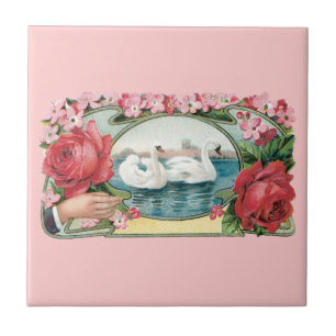 Schwäne und Rosen Vintage-Kunst Fliese