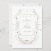 Schwanen-Blumenrahmen-Monogramm-Hochzeit Save The Date (Vorderseite)