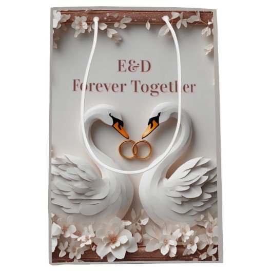 🕊️ Schwanenherz Blumenrahmen Hochzeitskollektion Mittlere Geschenktüte (Vorderseite)