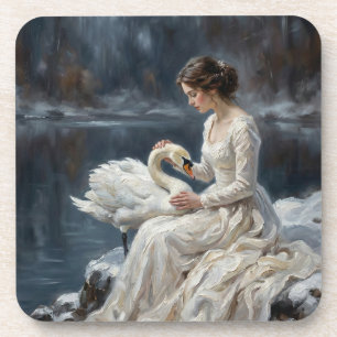 Schwanenjungfrau Winter Lake Romantik Fantasy Kuns Getränkeuntersetzer