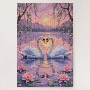 Schwanenpaar Herz auf rosa Sonnenuntergangssee Puzzle