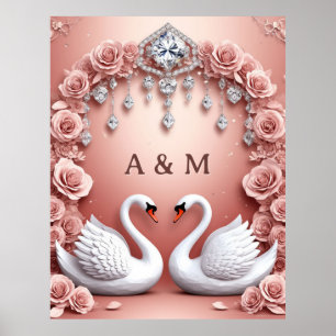 Schwanenpaar rosa Rosen Hochzeitskronleuchter Szen Poster
