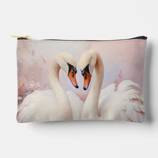 Schwanenpaare auf rosa Flora Zubehörtasche (Vorderseite)