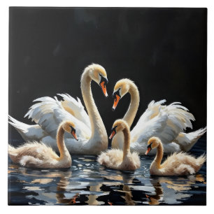 Schwanfamilie auf schwarzem See Kunstwerk Fliese