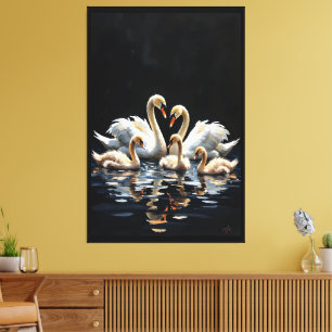 Schwanfamilie auf schwarzem See Kunstwerk Leinwanddruck