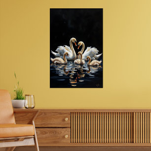 Schwanfamilie auf schwarzem See Kunstwerk Poster