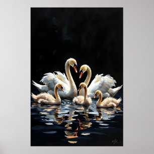 Schwanfamilie auf Schwarzsee-Kunstwerk Poster