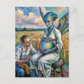 Schwangere Alien und Bauer Besuch auf dem Weizenfe Postkarte (Vorderseite)