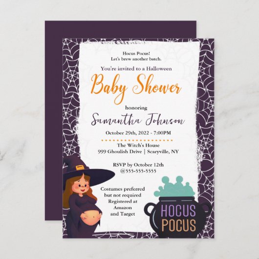 Schwangere Hexenmeister Halloween Baby Shower Cost Einladungspostkarte (Vorne/Hinten)