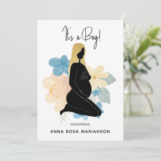 *~* Schwangere Schwarze Gold Baby Shower Boy Einladung (Stehend Vorderseite)