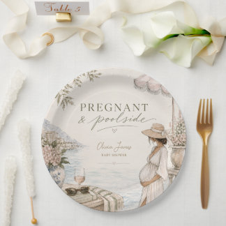 Schwangere und poolside Babyparty Pappteller