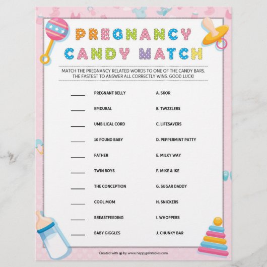 Schwangerschaft Candy Match [Baby Basics Pink] Briefbogen (Vorderseite)