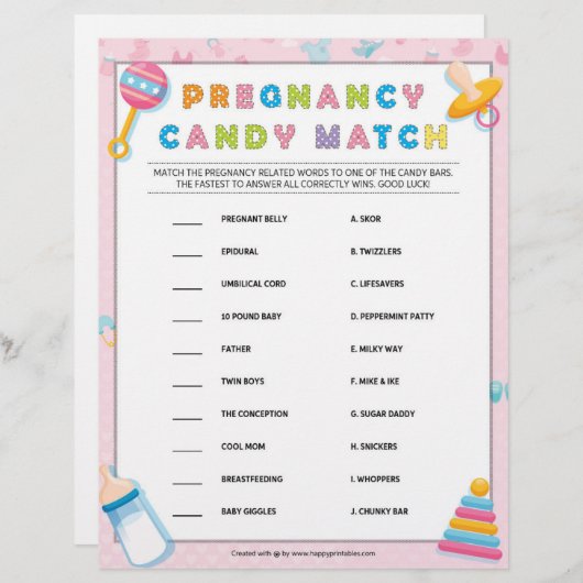 Schwangerschaft Candy Match [Baby Basics Pink] Briefbogen (Vorne/Hinten)