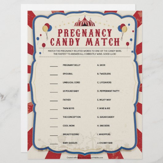 Schwangerschaft Candy Match [Thema Zirkus] Briefbogen (Vorne/Hinten)