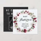 Schwangerschaftsankündigung - Burgunder Blumenkran Dankeskarte (Vorne/Hinten)