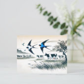 Schwänze, die über ein Rinderfeld in chinesischer  Postkarte (Stehend Vorderseite)