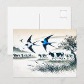 Schwänze, die über ein Rinderfeld in chinesischer  Postkarte (Vorne/Hinten)