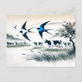 Schwänze, die über ein Rinderfeld in chinesischer  Postkarte