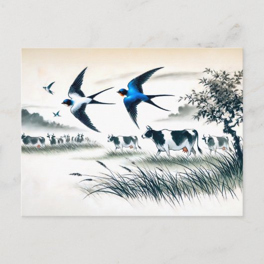 Schwänze, die über ein Rinderfeld in chinesischer  Postkarte (Vorderseite)