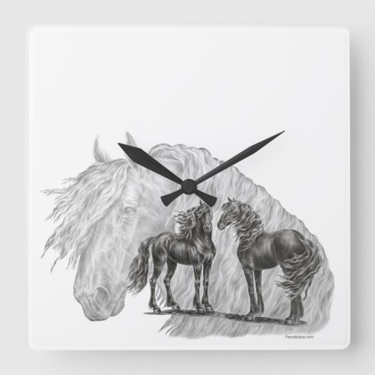 Schwänze von Black Friesian Horses Manes Quadratische Wanduhr (Vorderseite)