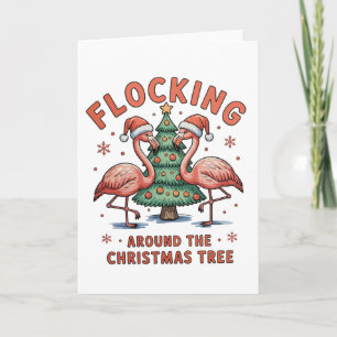 Schwarm um den Weihnachtsbaum Rosa Flamingo Karte