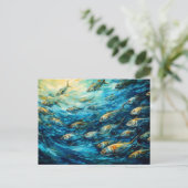Schwarm von Fischen in expressiver Meeresmalerei Postkarte (Stehend Vorderseite)
